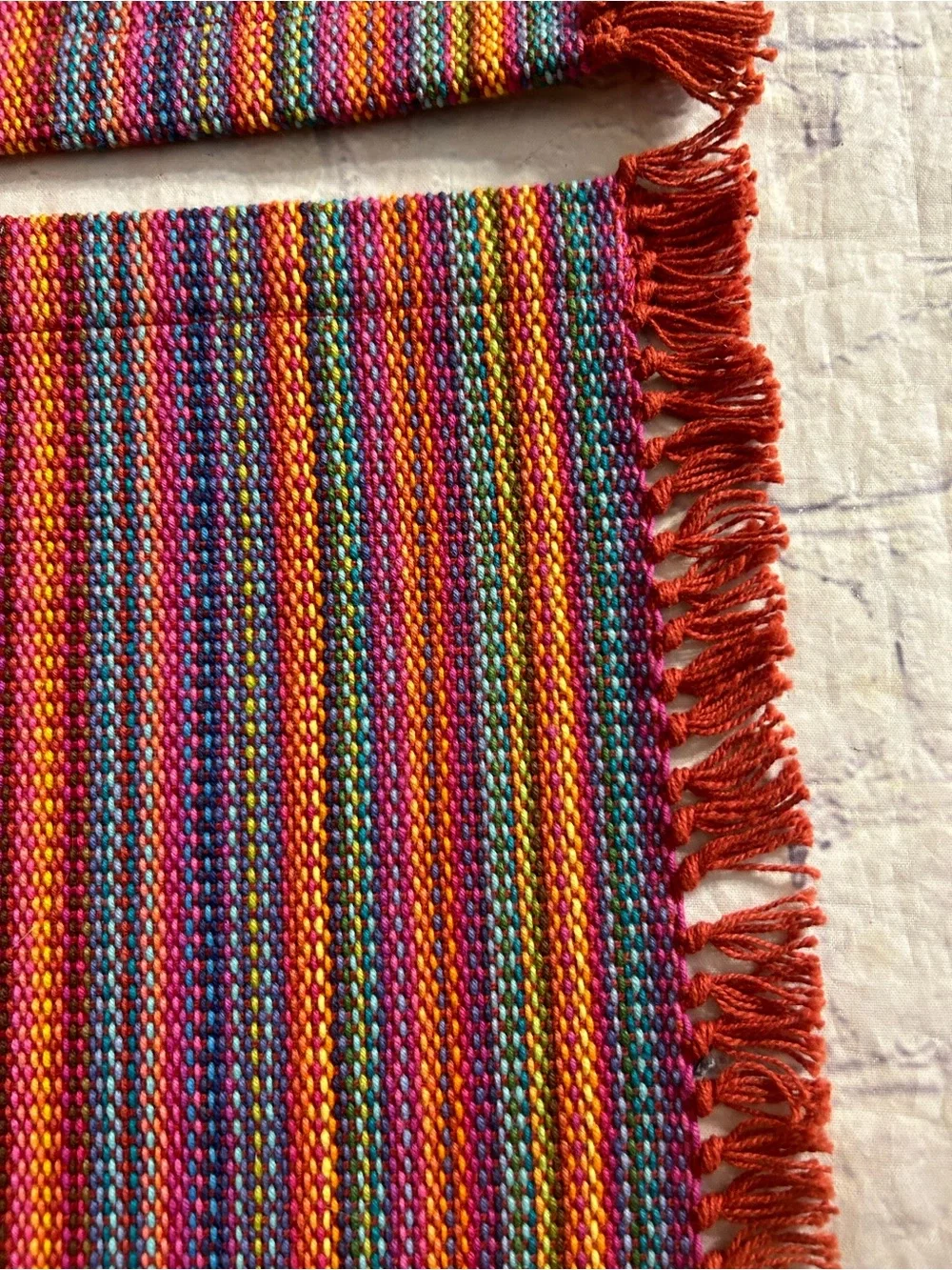 CRATE & BARREL MERCADO PLACEMATS RED MULTI STRIPED PATTERNED WITH FRINGE COTTON